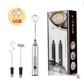 Milk Frother Electric Egg Beater USB Charging Mixer For Coffee Drink Portable Electric Milk Frothers Handheld Blender Cappuccino Cream Egg Beater Food (Color: Silver)